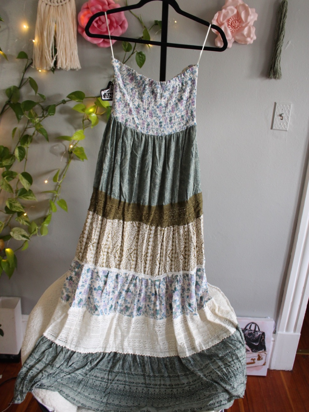NWT Angie Boho Patchwork Tiered Maxi Dress Size S Floral Cottagecore - Picture 9 of 13